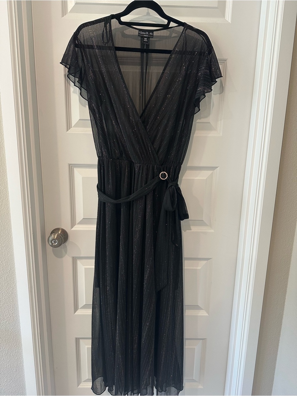 Alexa B Nites Size 14 Black Metallic Shimmer Wrap Maxi Dress  - EUC